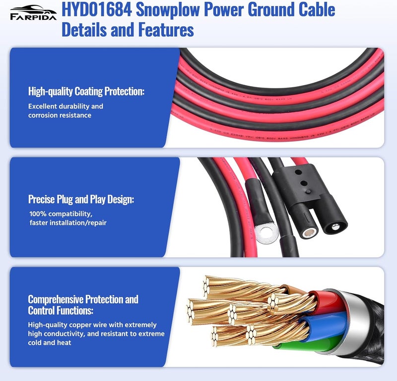 Farpida HYD01684 1304740 Truck Side Power Ground Cable 90" Fit for BOSS Plows Snow Plow Harness Repair Power/Ground Cable Truck Side Repair Harness Kit Replace BOSS HYD01684 - Image 5
